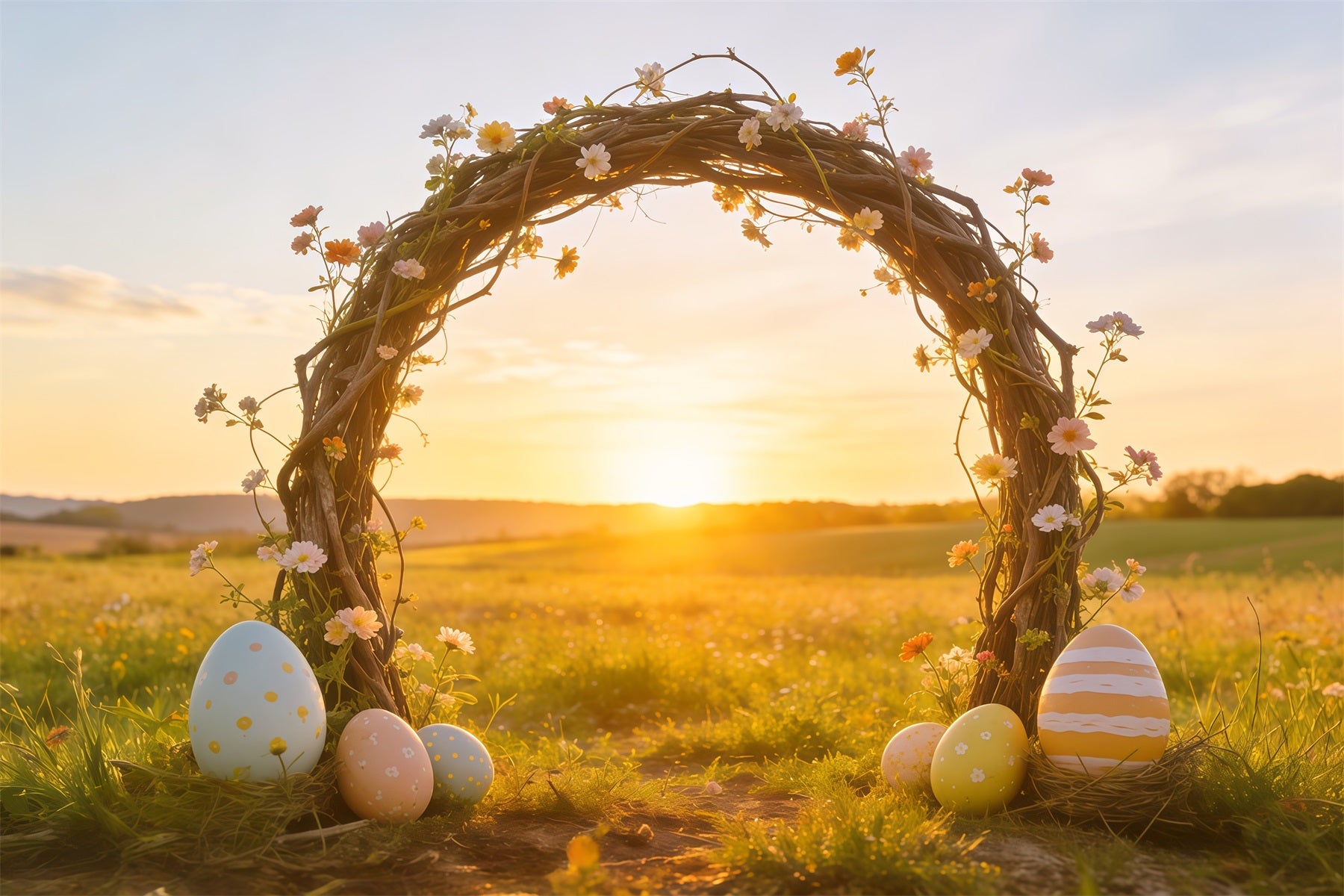 Easter Sunrise Field Backdrop Wildflower Twig Arch Eggs Simple Easter Backdrop CSH62-104