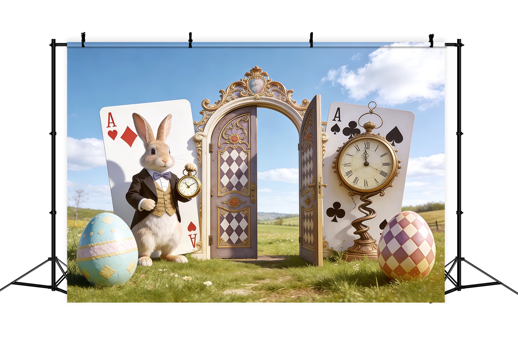 Easter Blue Sky Backdrop Wonderland Bunny Clock Door Photography Backdrops Easter CSH62-105