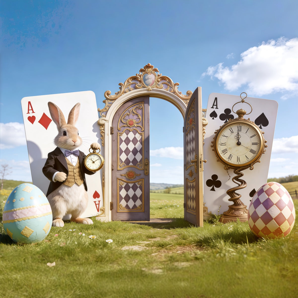 Easter Blue Sky Backdrop Wonderland Bunny Clock Door Photography Backdrops Easter CSH62-105