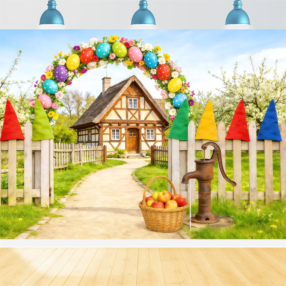 Easter Country Lane Backdrop Egg Arch Gnome Cottage Easter Theme Backdrop CSH62-110