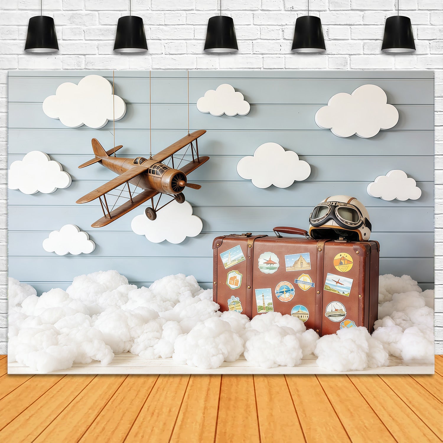 Cloud Photography Backdrop Vintage Plane Suitcase Wood Children Backdrops CSH62-116