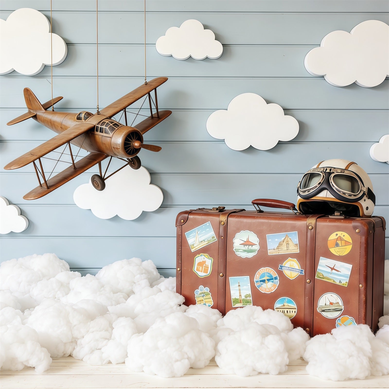 Cloud Photography Backdrop Vintage Plane Suitcase Wood Children Backdrops CSH62-116