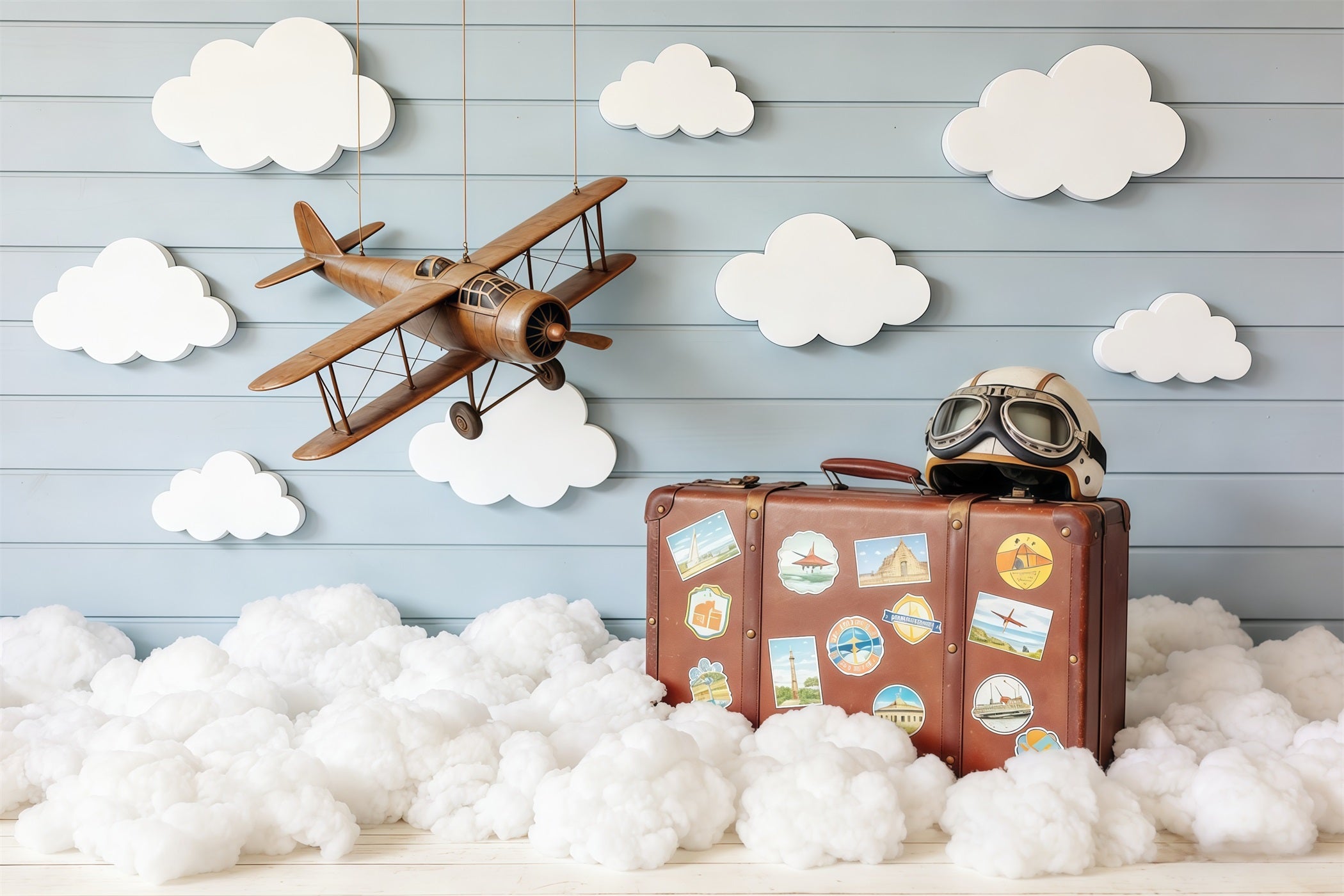 Cloud Photography Backdrop Vintage Plane Suitcase Wood Children Backdrops CSH62-116