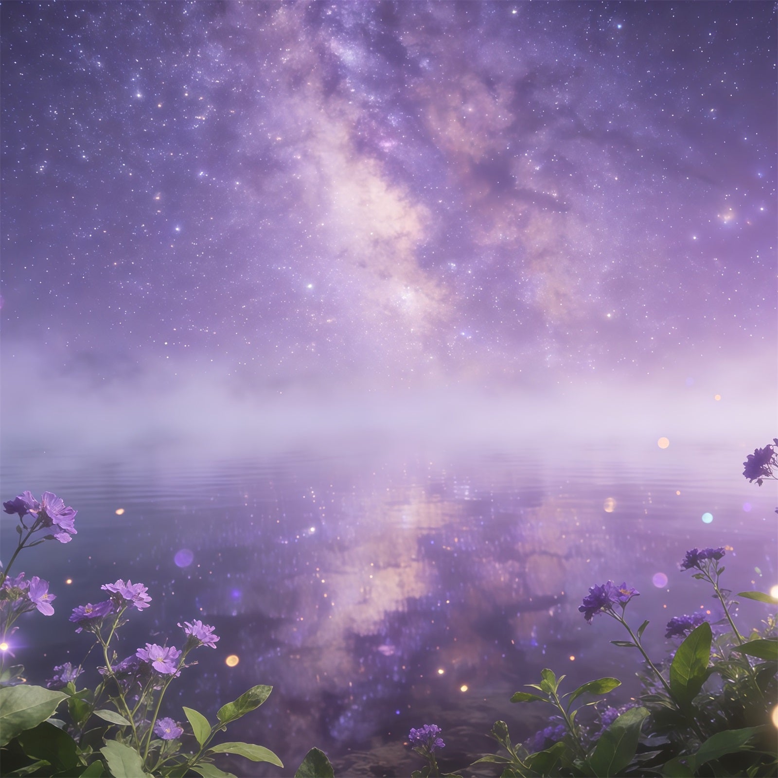 Starry Night Sky Backdrop Purple Galaxy Water Flowers Clouds Backdrop CSH62-122
