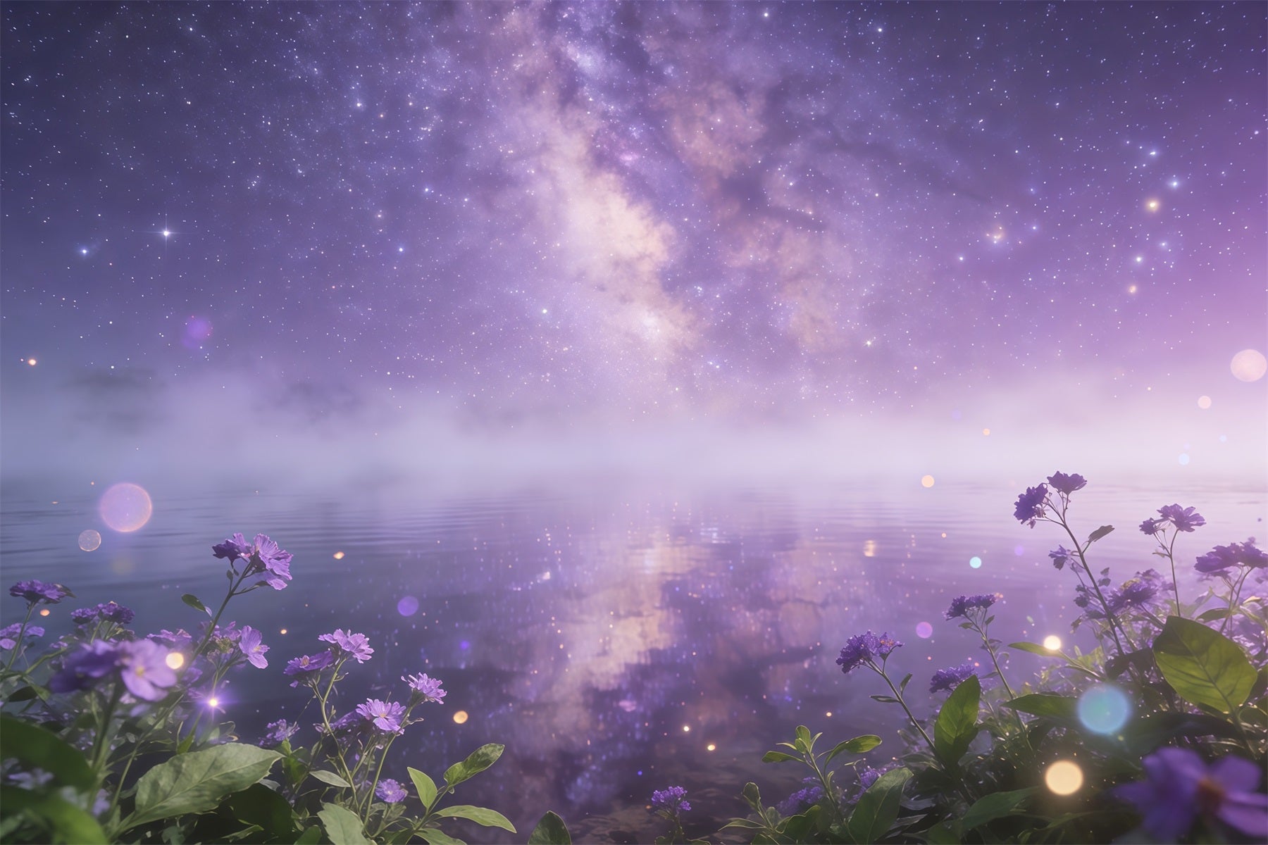 Starry Night Sky Backdrop Purple Galaxy Water Flowers Clouds Backdrop CSH62-122