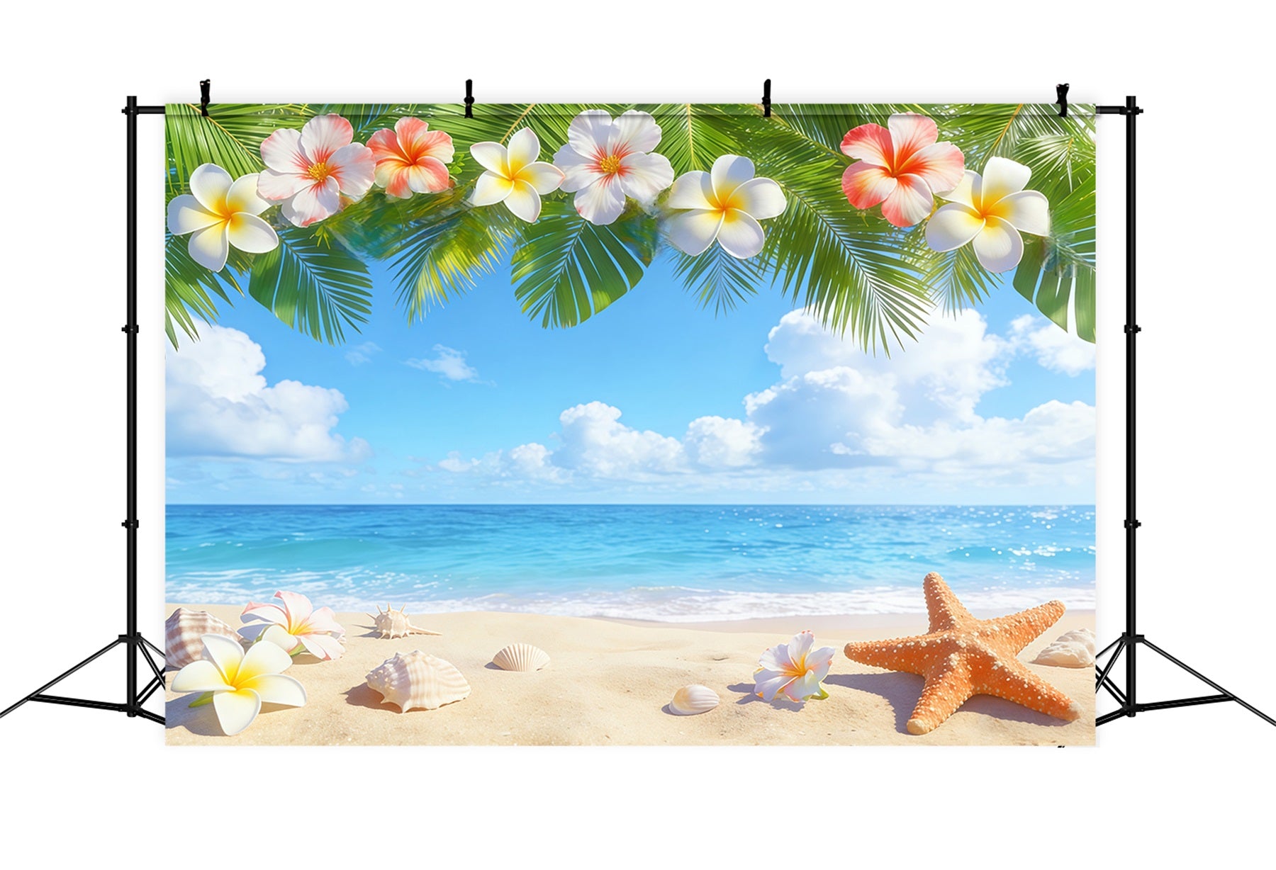 Blue Sky Backdrop Tropical Plumeria Beach Shells Summer Photo Backdrop CSH62-127