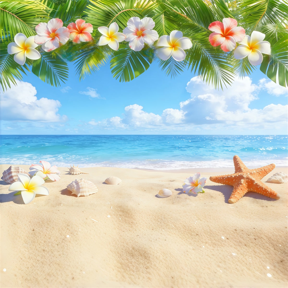 Blue Sky Backdrop Tropical Plumeria Beach Shells Summer Photo Backdrop CSH62-127