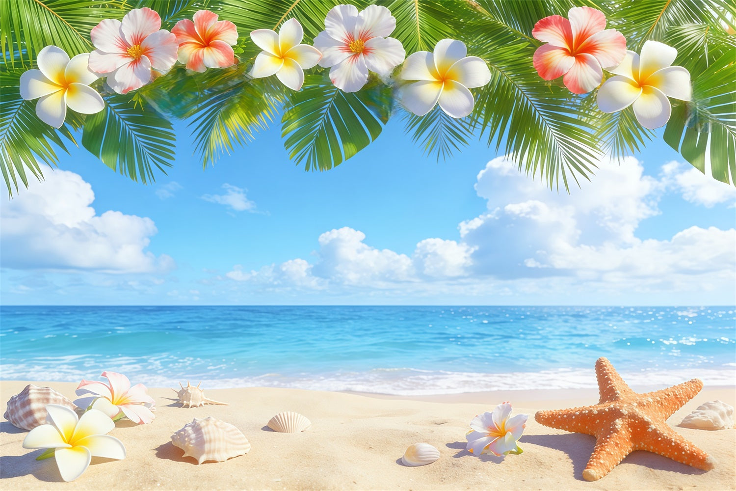 Blue Sky Backdrop Tropical Plumeria Beach Shells Summer Photo Backdrop CSH62-127