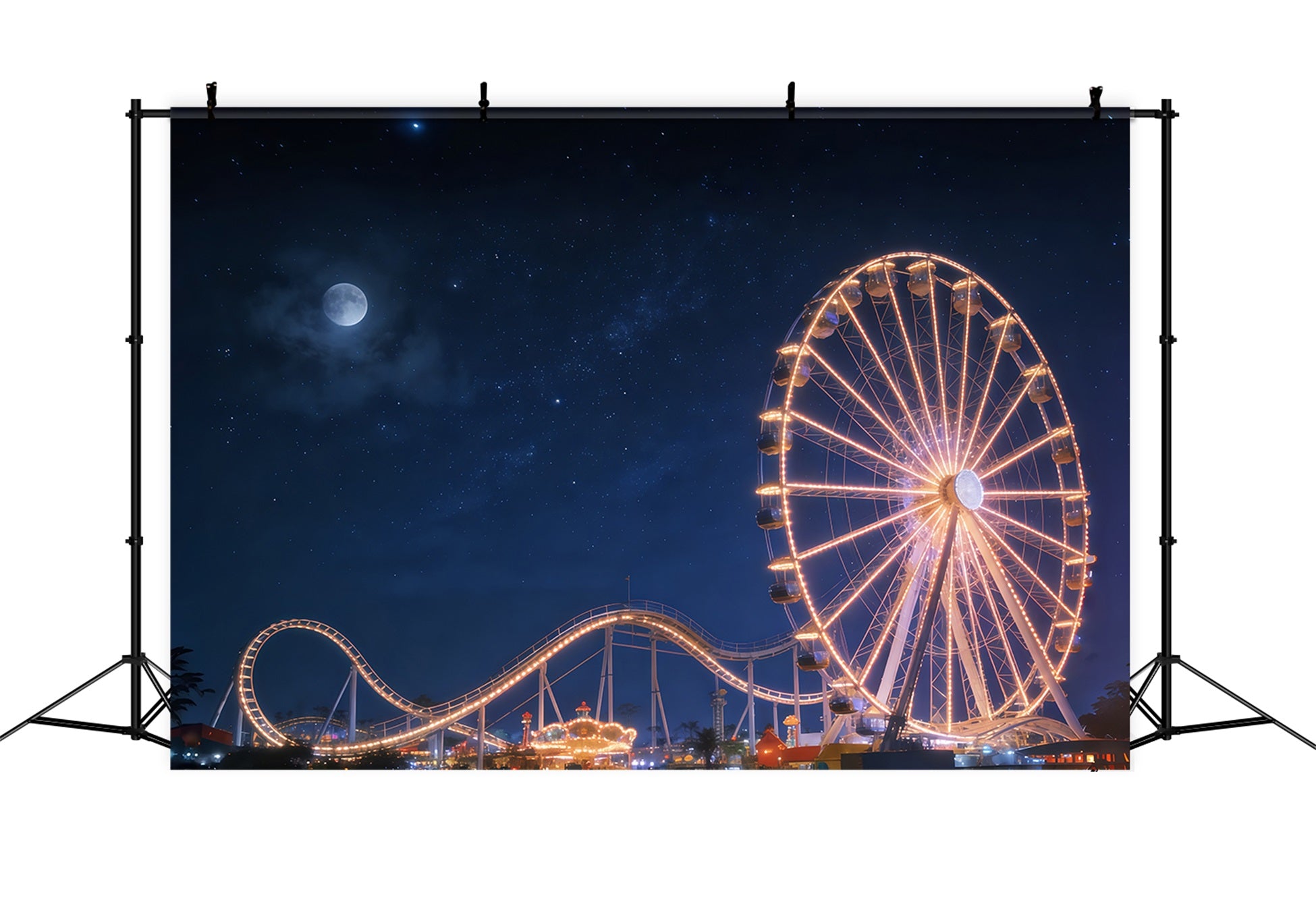 Night Sky Photo Backdrop Moonlit Ferris Wheel Amusement Starry Sky Backdrop CSH62-129