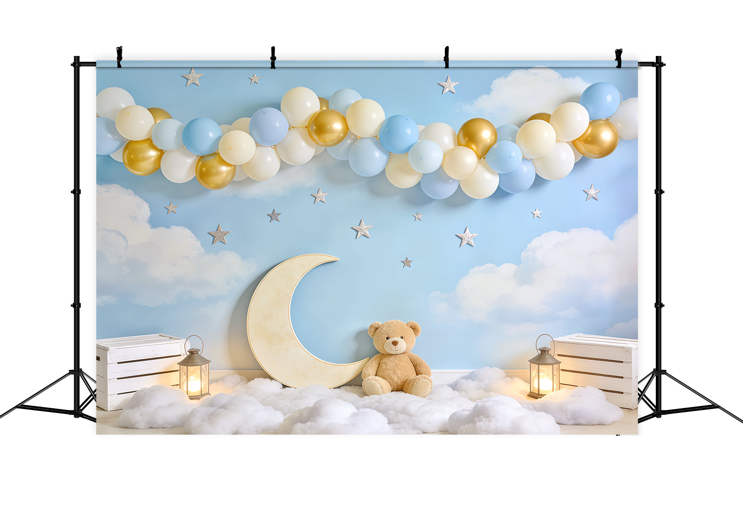 Sky Clouds Backdrop Moon Teddy Bear Balloon Arch Newborn Backdrop CSH62-140