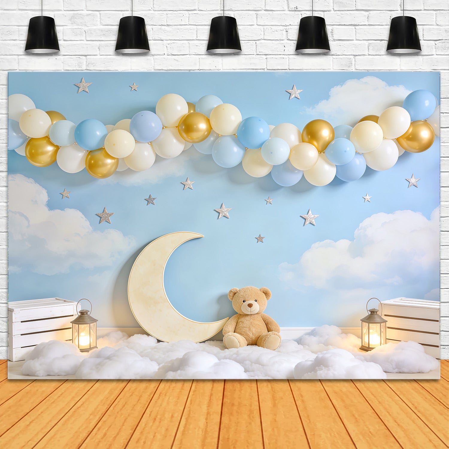 Sky Clouds Backdrop Moon Teddy Bear Balloon Arch Newborn Backdrop CSH62-140