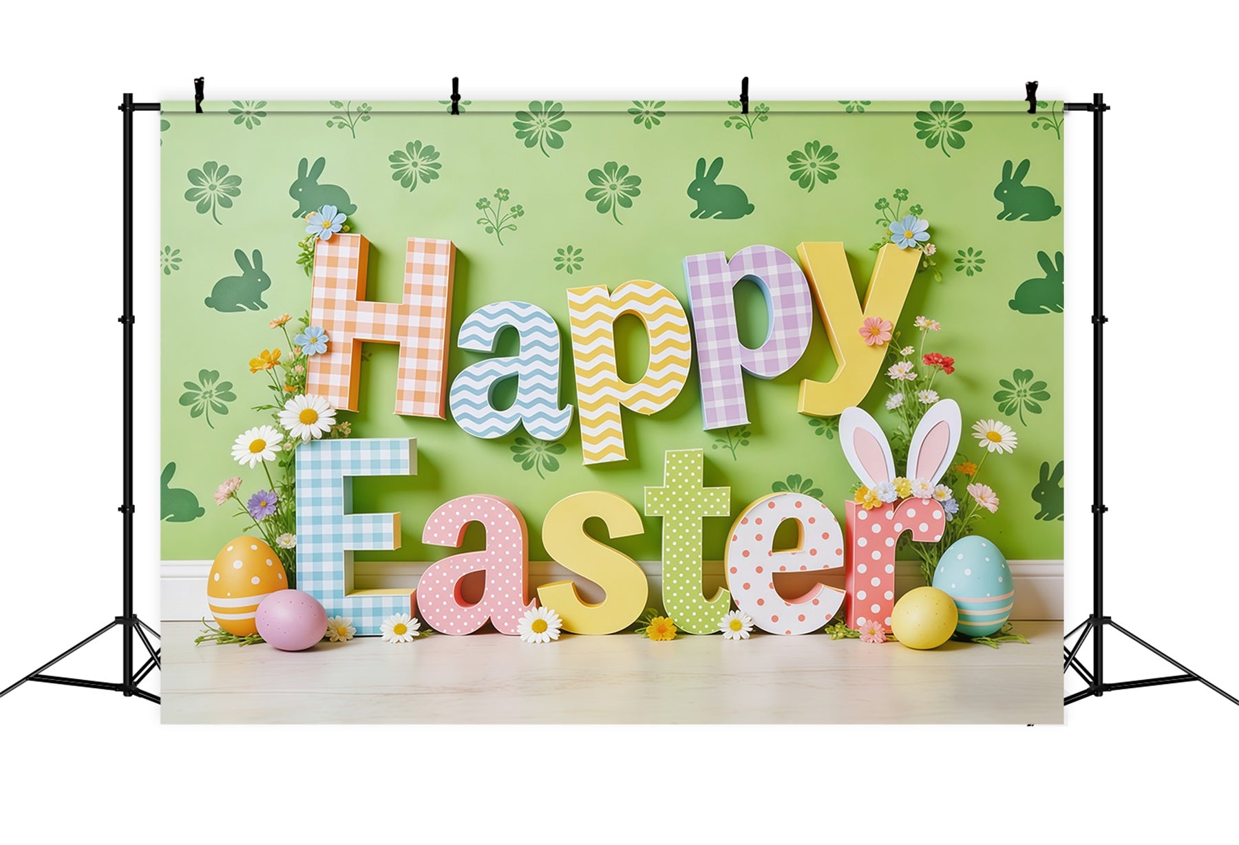 Happy Easter Backdrop Colorful Letters Bunny Eggs Photo Booth Easter Backdrop Ideas CSH62-65