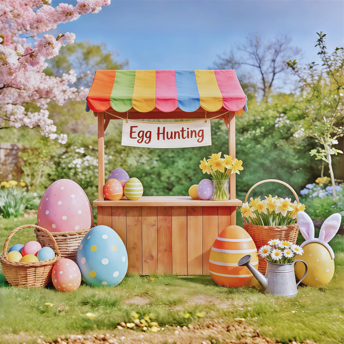 Egg Hunt Backdrop Wooden Cart Cherry Blossom Backdrop Ideas For Easter CSH62-67