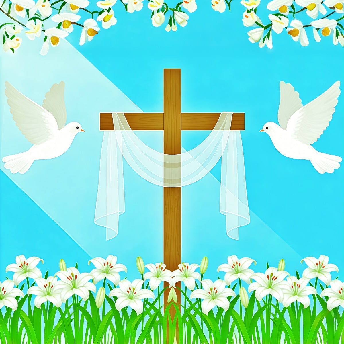 Cross And Lilies Backdrop Doves Religious Light Beam Easter Backdrop Photos CSH62-68