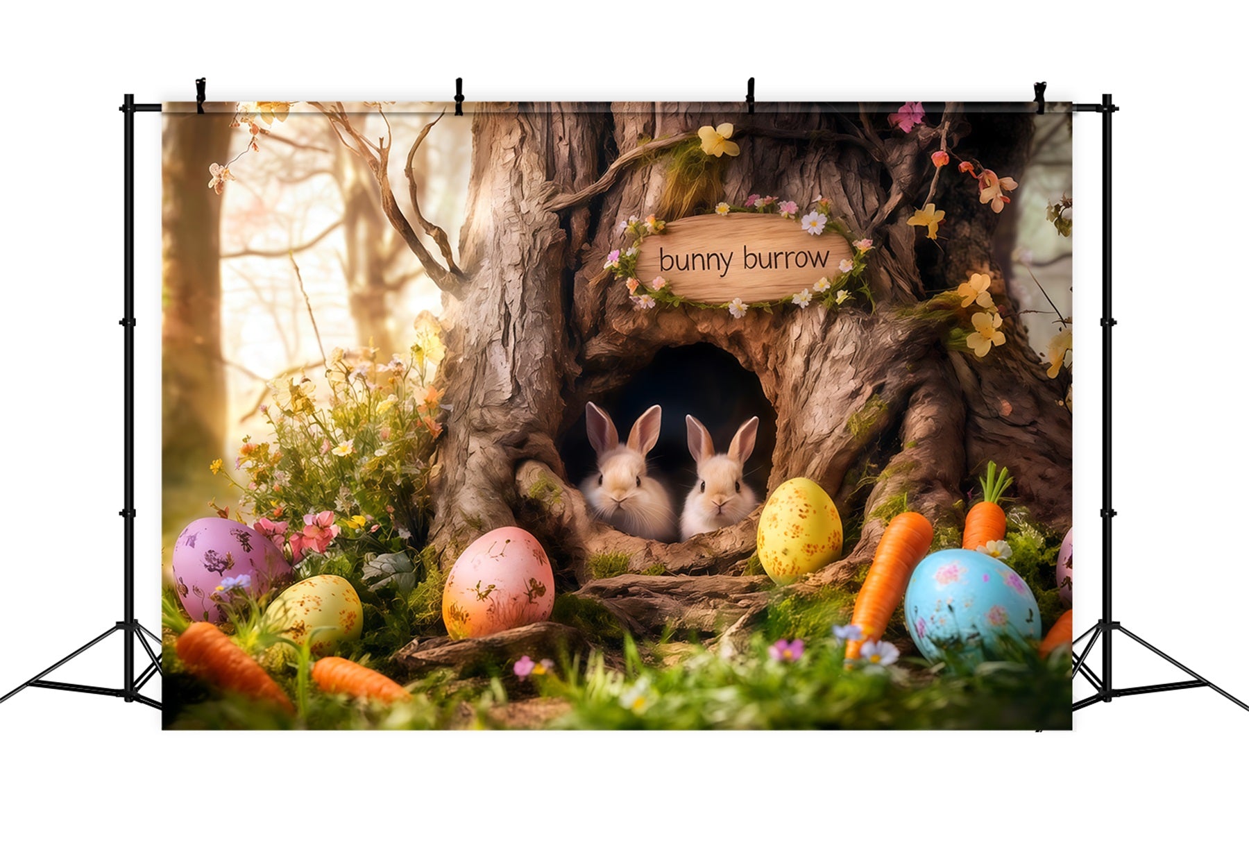 Bunny Burrow Backdrop Tree Hole Carrot Eggs Easter Photo Booth Backdrop Ideas CSH62-69