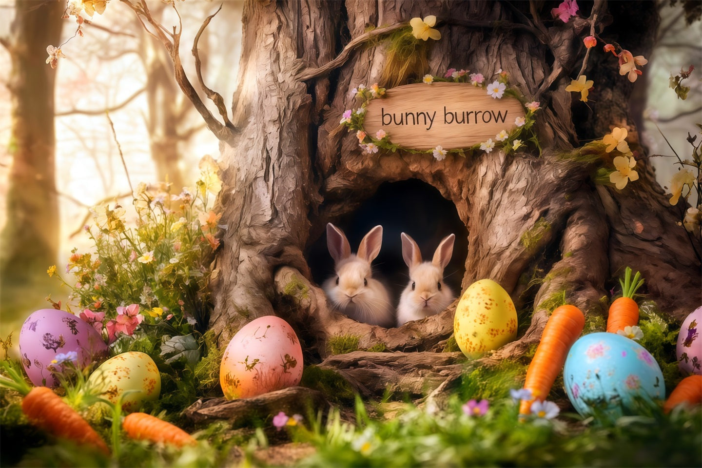 Bunny Burrow Backdrop Tree Hole Carrot Eggs Easter Photo Booth Backdrop Ideas CSH62-69