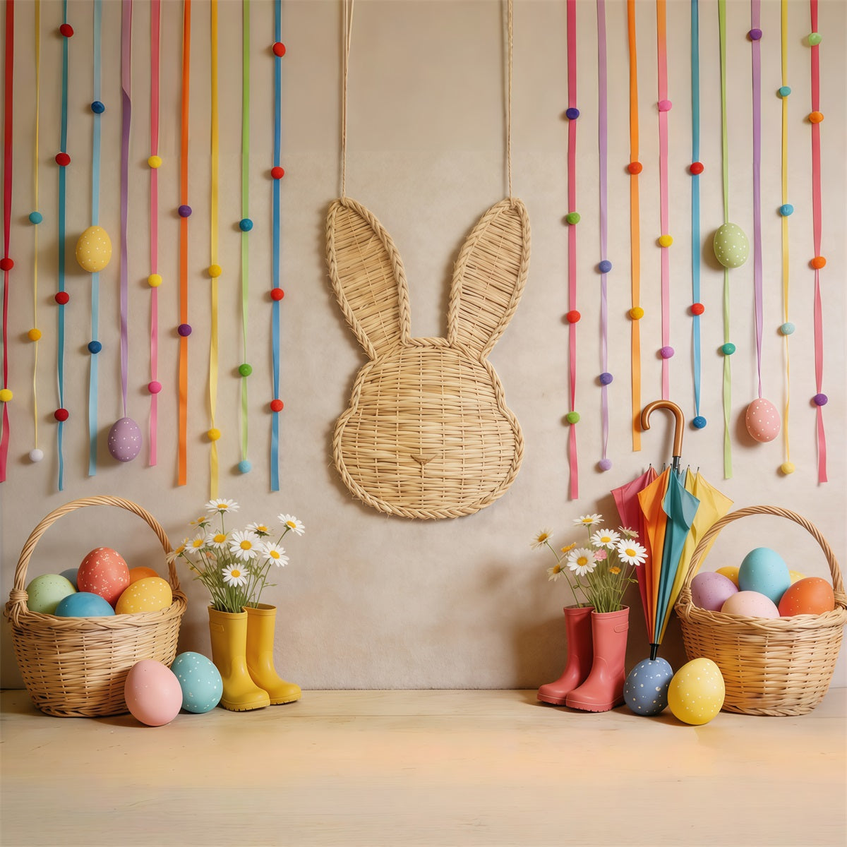 Easter Basket Backdrop Wicker Bunny Egg Daisy Photo Backdrop For Easter CSH62-71