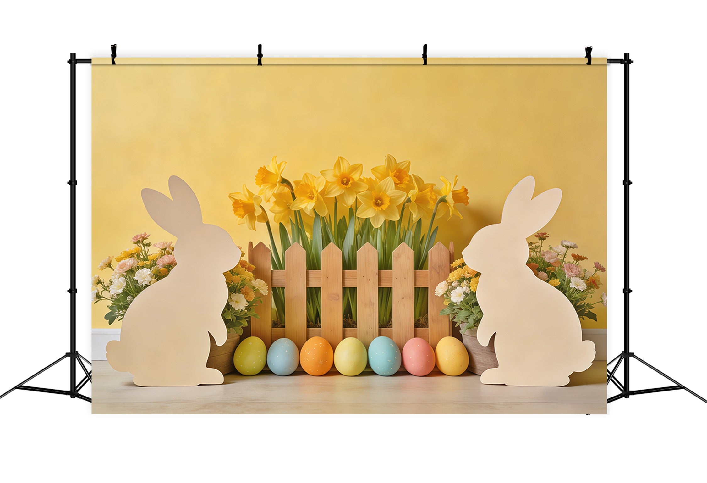Easter Bunny Silhouette Backdrop Daffodil,l Eggs Wooden Fence Photography Easter Backdrop Ideas CSH62-73