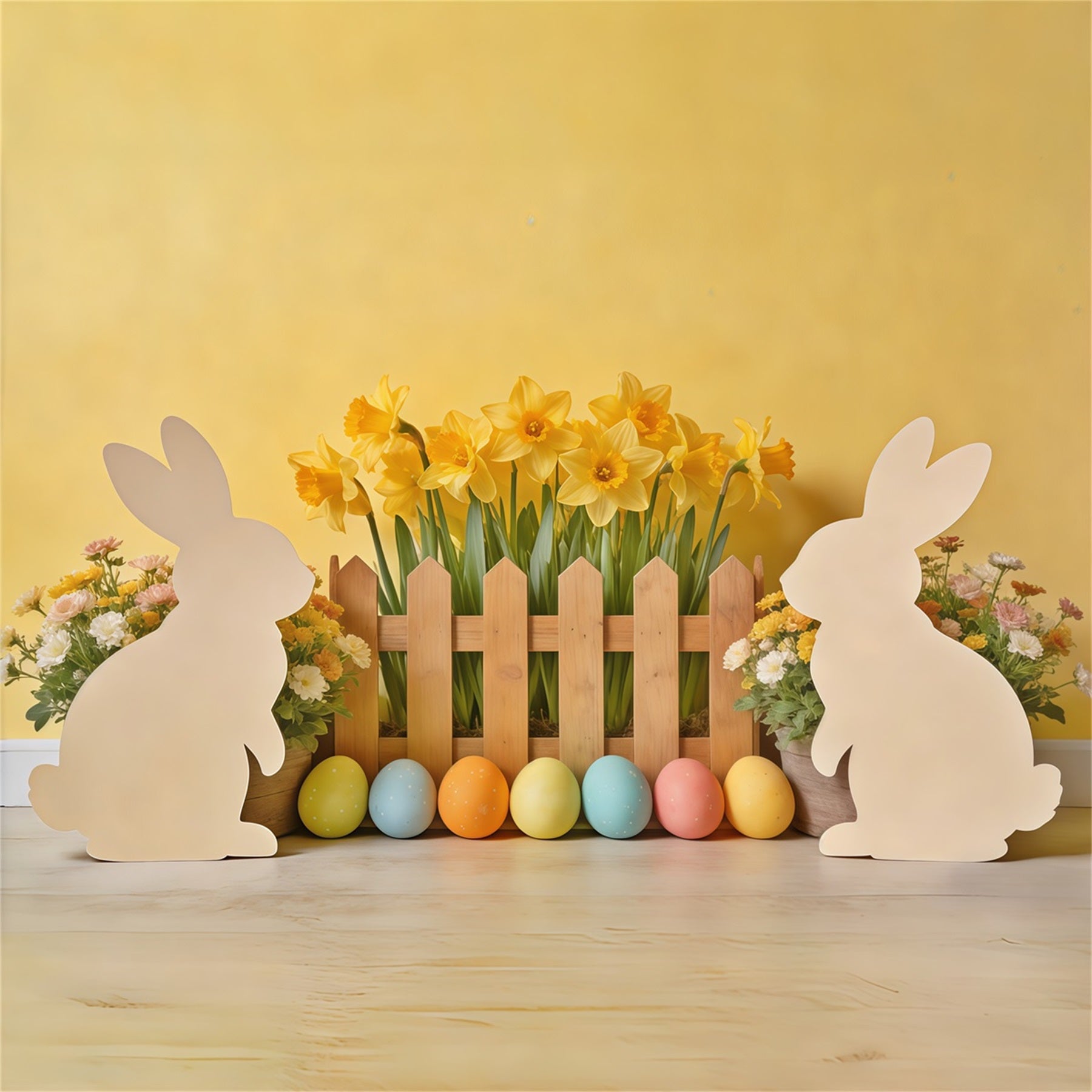 Easter Bunny Silhouette Backdrop Daffodil,l Eggs Wooden Fence Photography Easter Backdrop Ideas CSH62-73