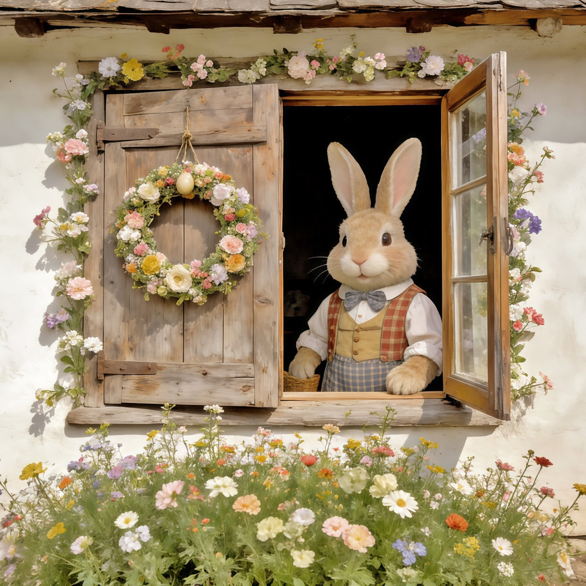 Easter Rabbit Backdrop Bunny Window Floral Wreath Easter Play Backdrops CSH62-74