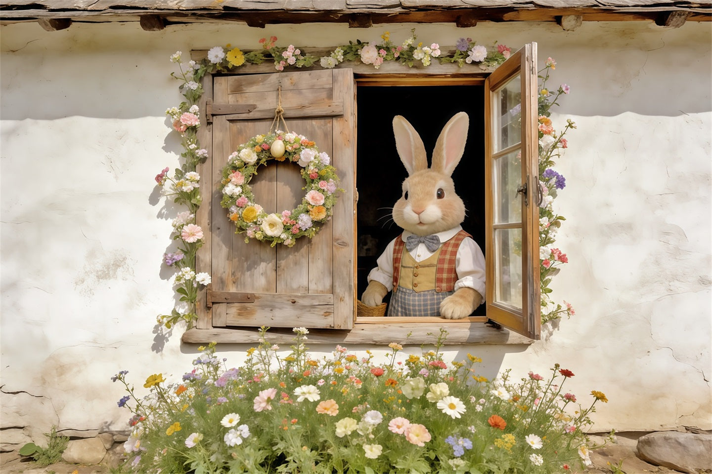 Easter Rabbit Backdrop Bunny Window Floral Wreath Easter Play Backdrops CSH62-74