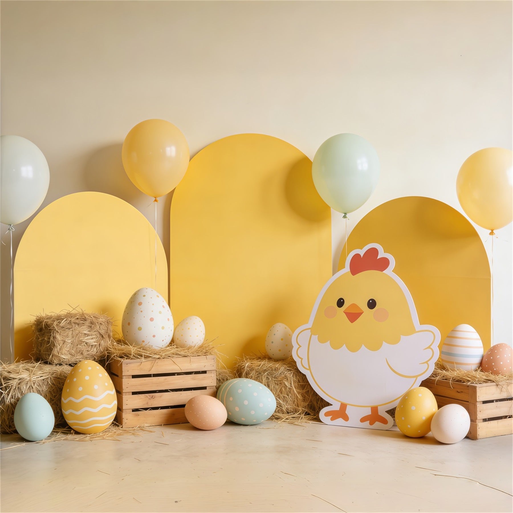 Easter Baby Chick Backdrop Hay Eggs Balloon Decor Large Easter Backdrop CSH62-75