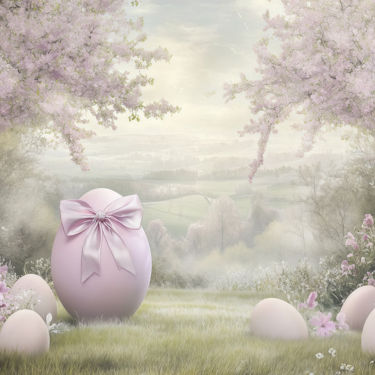 Easter Cherry Blossom Backdrop Oil Painting Egg Flower Outdoor Easter Photo Backdrops CSH62-79