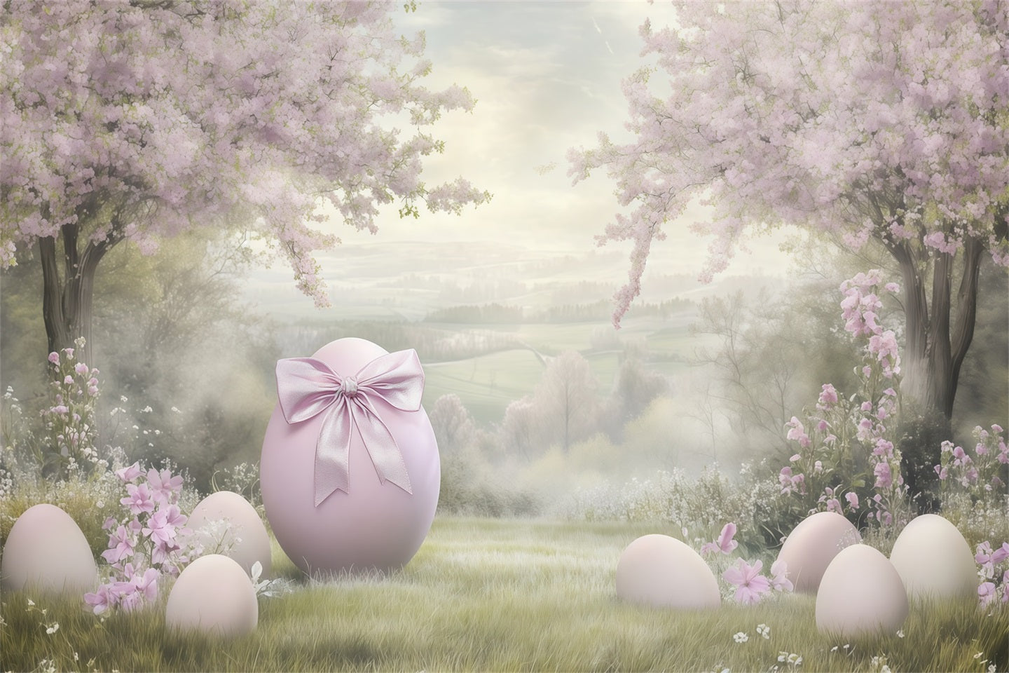 Easter Cherry Blossom Backdrop Oil Painting Egg Flower Outdoor Easter Photo Backdrops CSH62-79