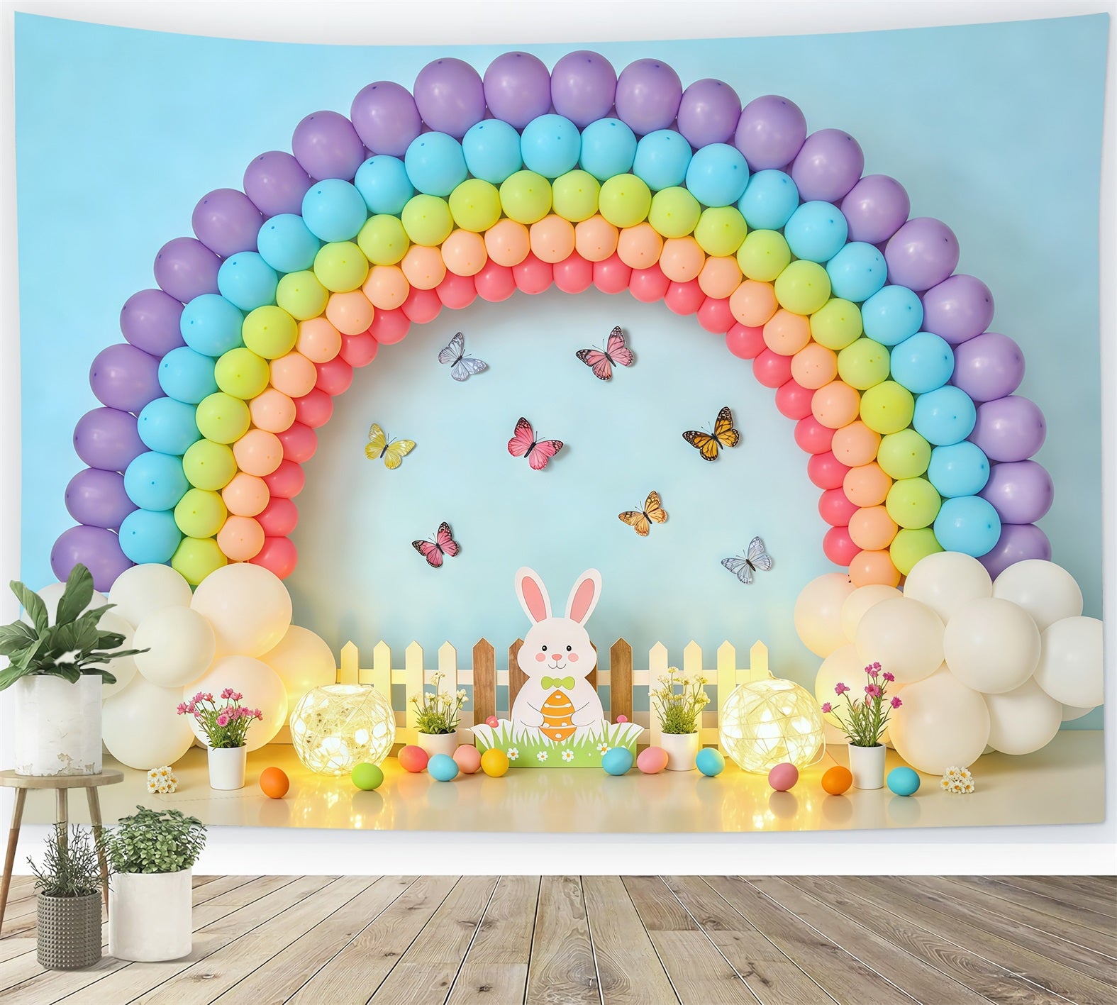 Easter Butterfly Backdrop Balloon Rainbow Bunny Fence Photography Backdrops For Easter CSH62-80