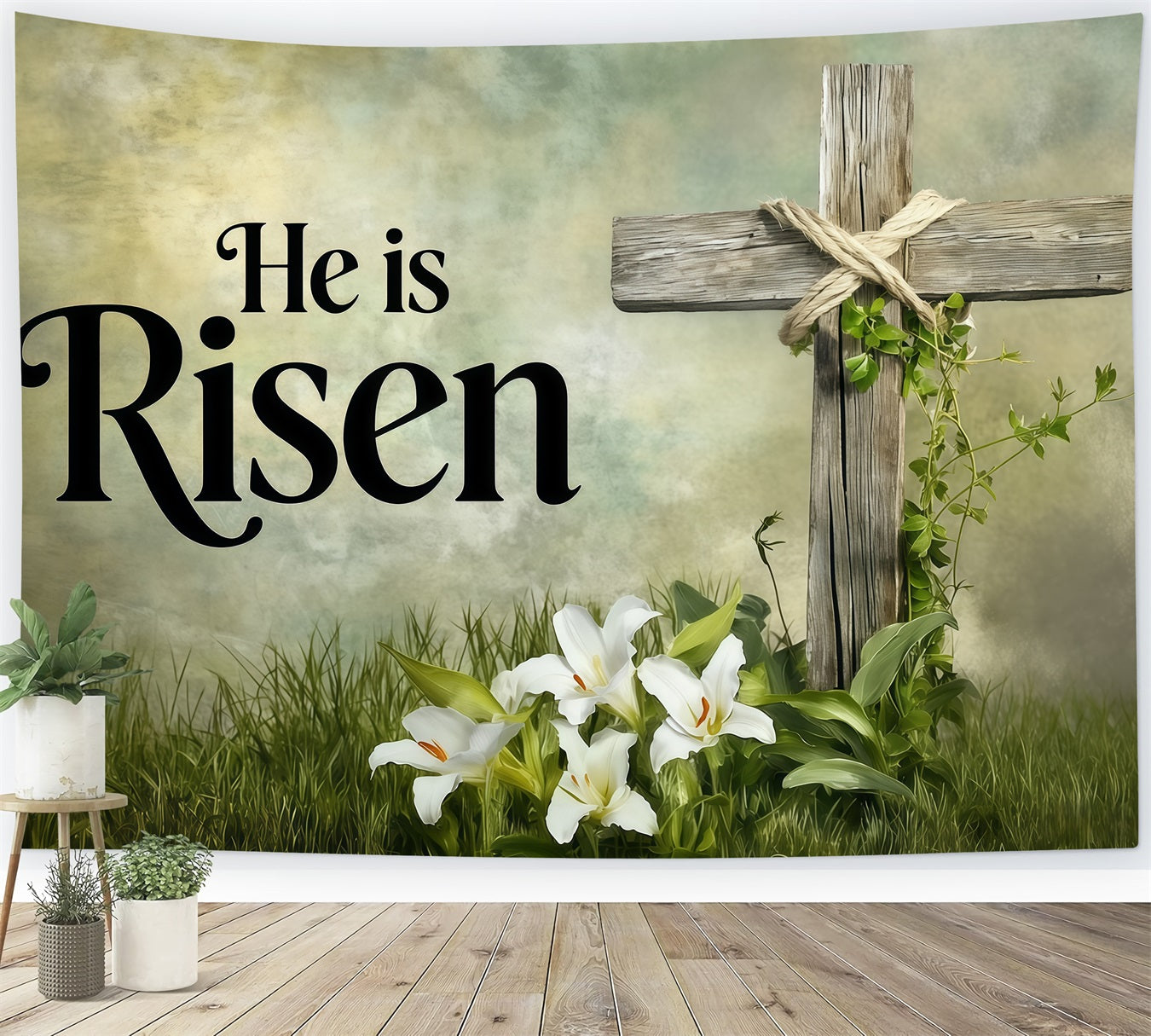 Easter Lily Backdrop He Is Risen Cross Simple Easter Backdrop Ideas CSH62-81