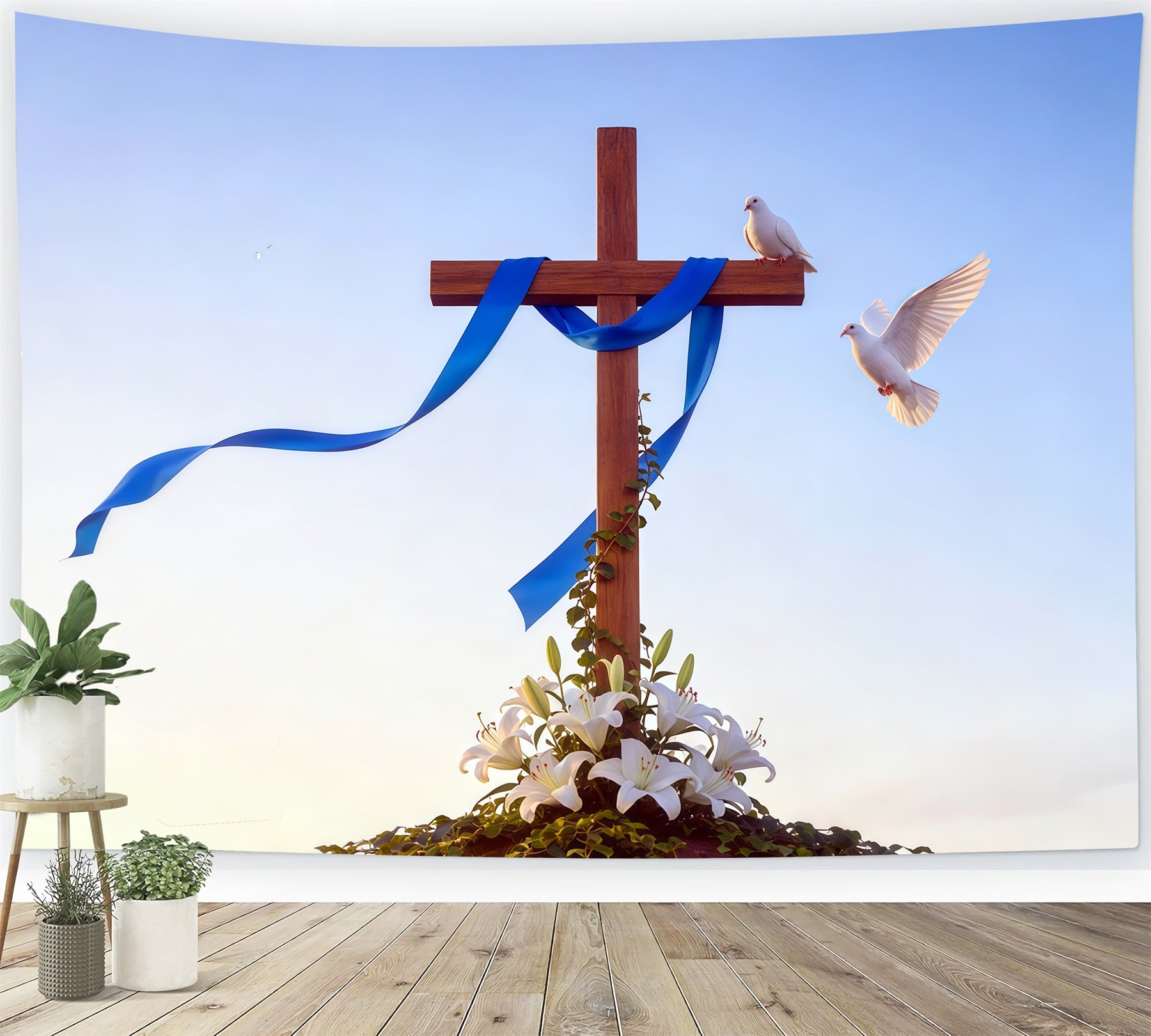Easter Cross Backdrop Lily Doves Blue Ribbon Simple Easter Photo Backdrop CSH62-82