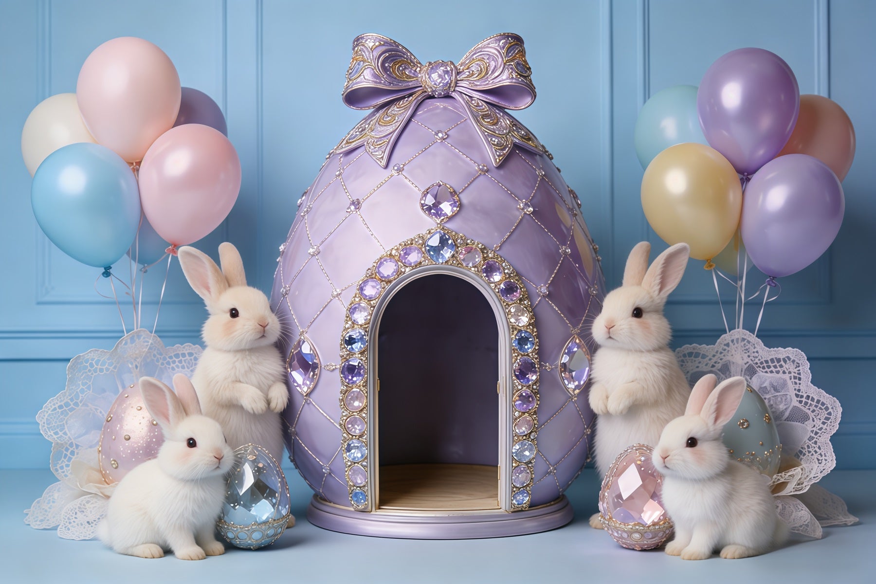 Easter Pastel Balloons Backdrop Jeweled Egg House Bunny My First Easter Backdrop CSH62-85