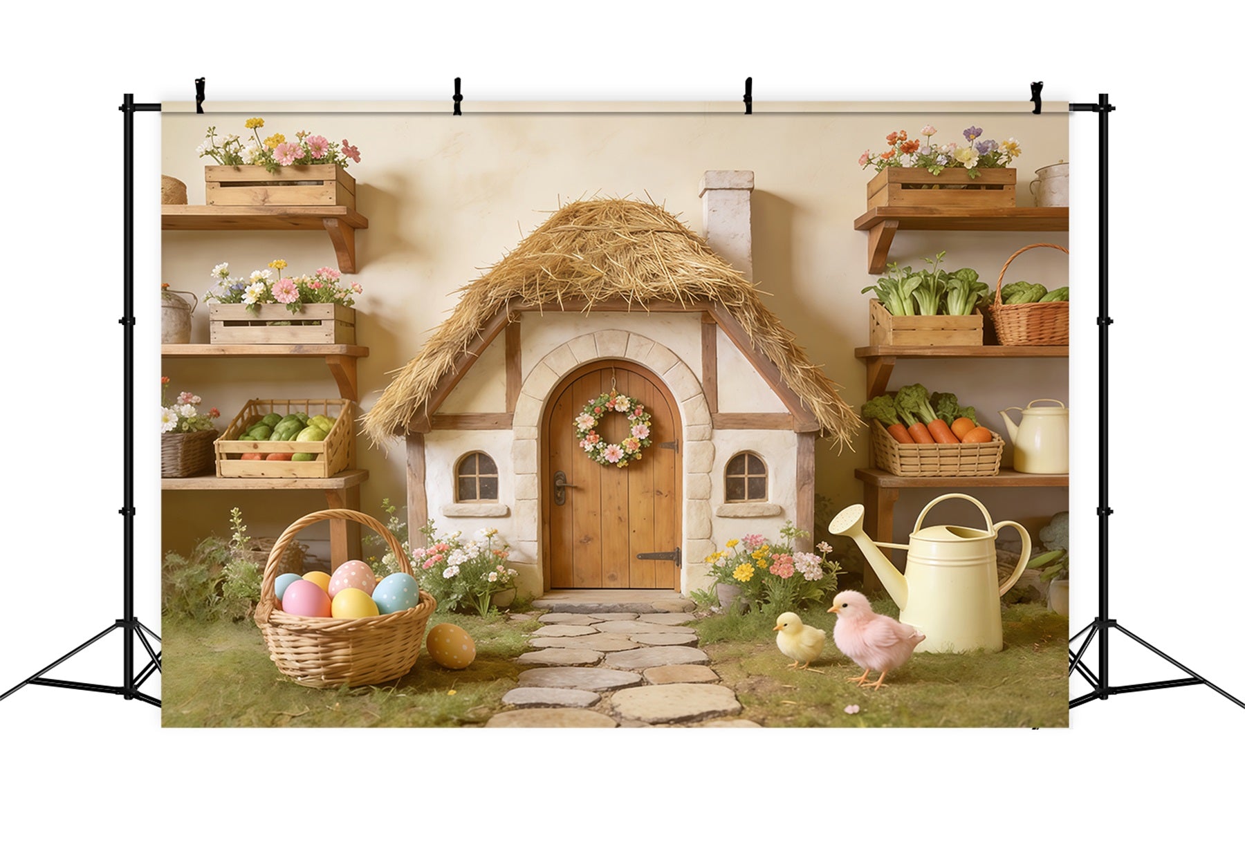 Easter Marshmallow Chick Backdrop Thatched Cottage Egg Basket Easter Backdrops Photo CSH62-87
