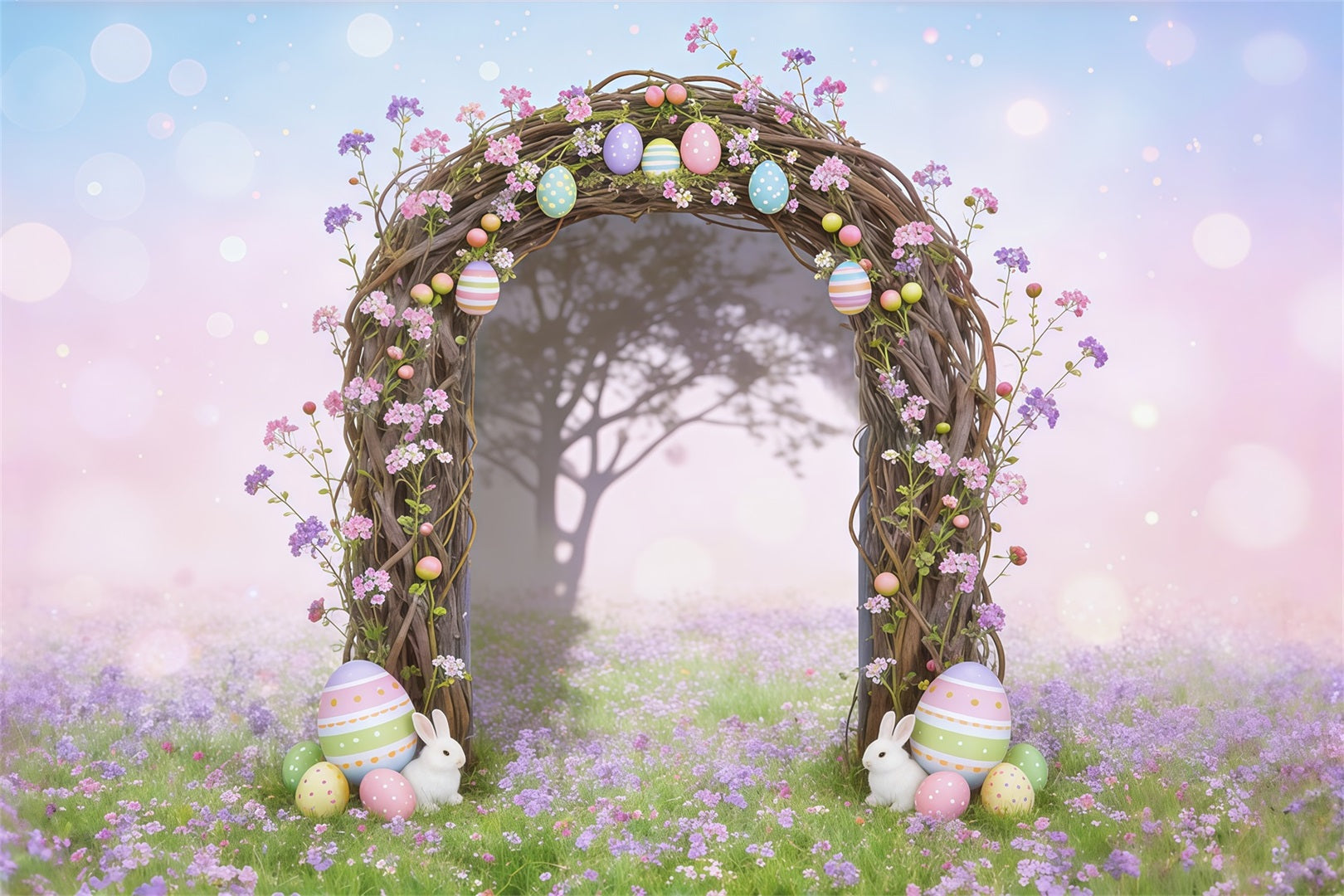 Easter Fairytale Backdrop Twig Arch Egg Bunnies Easter Backdrops 10x10 CSH62-91