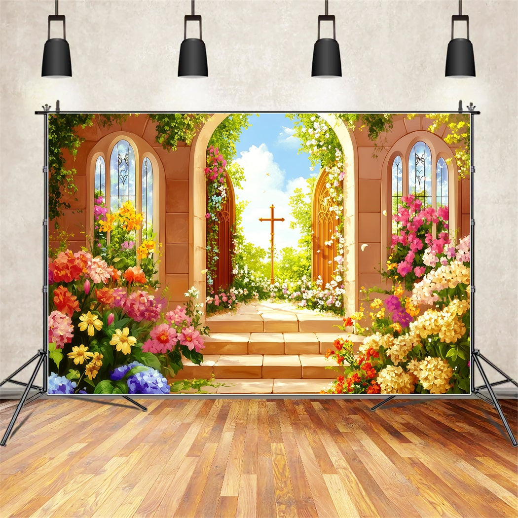 Easter Religious Backdrop Garden Doors Cross Blooms Easter Themed Backdrop CSH62-99