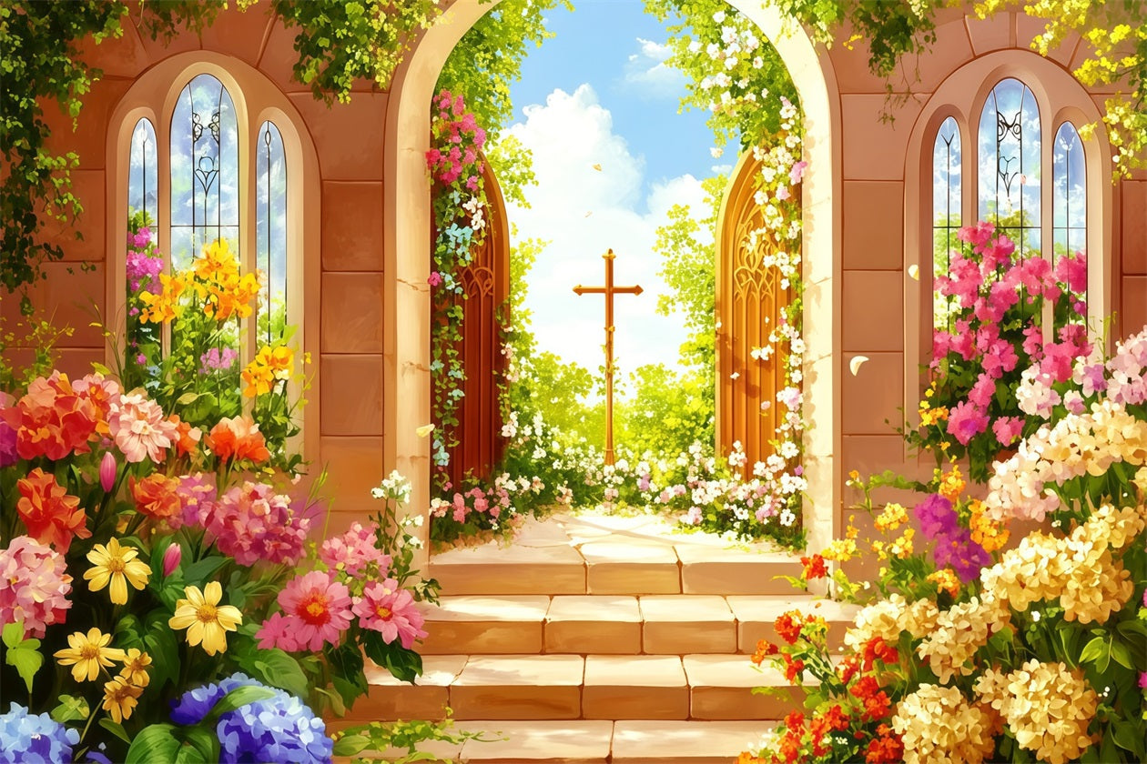 Easter Religious Backdrop Garden Doors Cross Blooms Easter Themed Backdrop CSH62-99