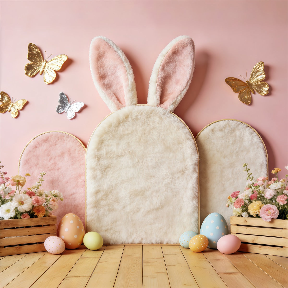 Easter Butterfly Backdrop Pastel Bunny Ears Floral Crates Easter Backdrop CSH63-1
