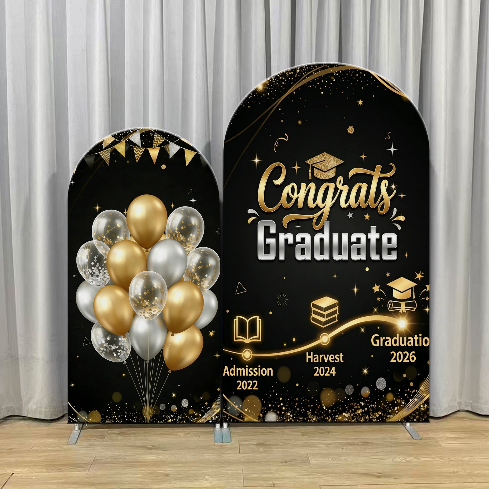 Graduation Balloon Backdrop Black Gold Glitter Timeline Arch Graduation Backdrop CSH63-106