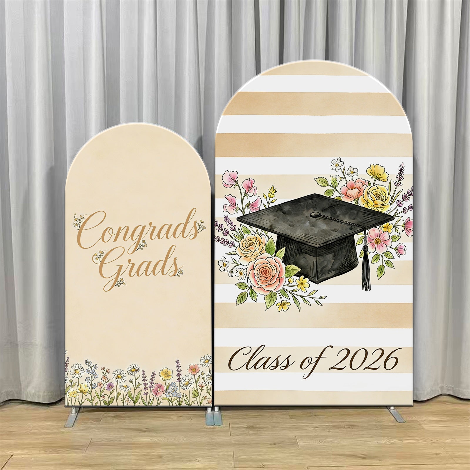 Floral Graduation Backdrop Beige Floral Striped 2026 Arch Graduation Backdrops CSH63-108