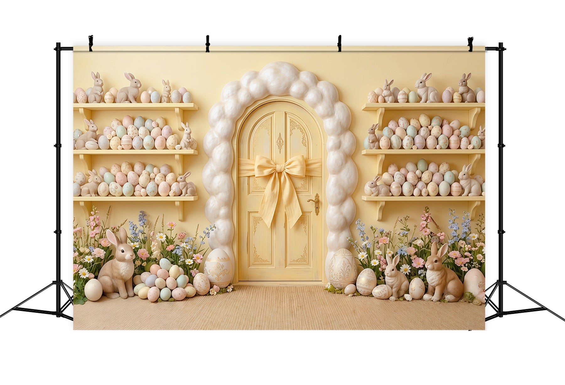 Egg Backdrop Yellow Door Wall Bunny Egg Shelves Easter Backdrop For Pictures CSH63-11