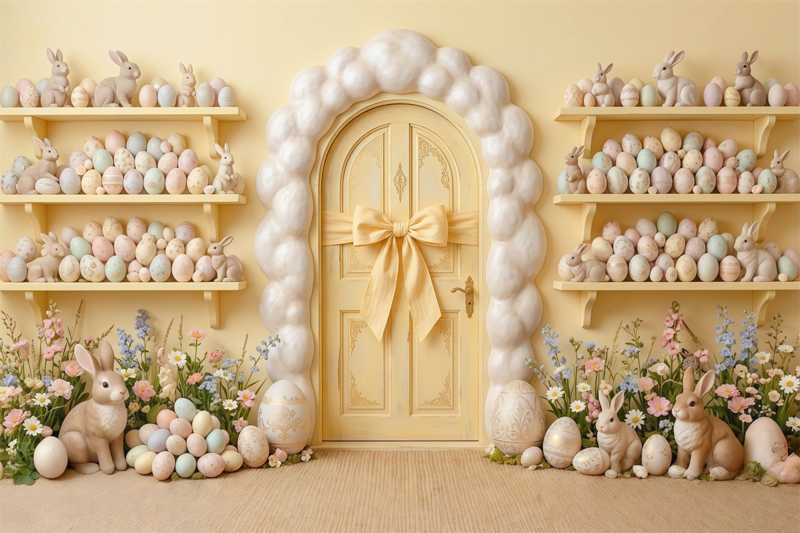 Egg Backdrop Yellow Door Wall Bunny Egg Shelves Easter Backdrop For Pictures CSH63-11