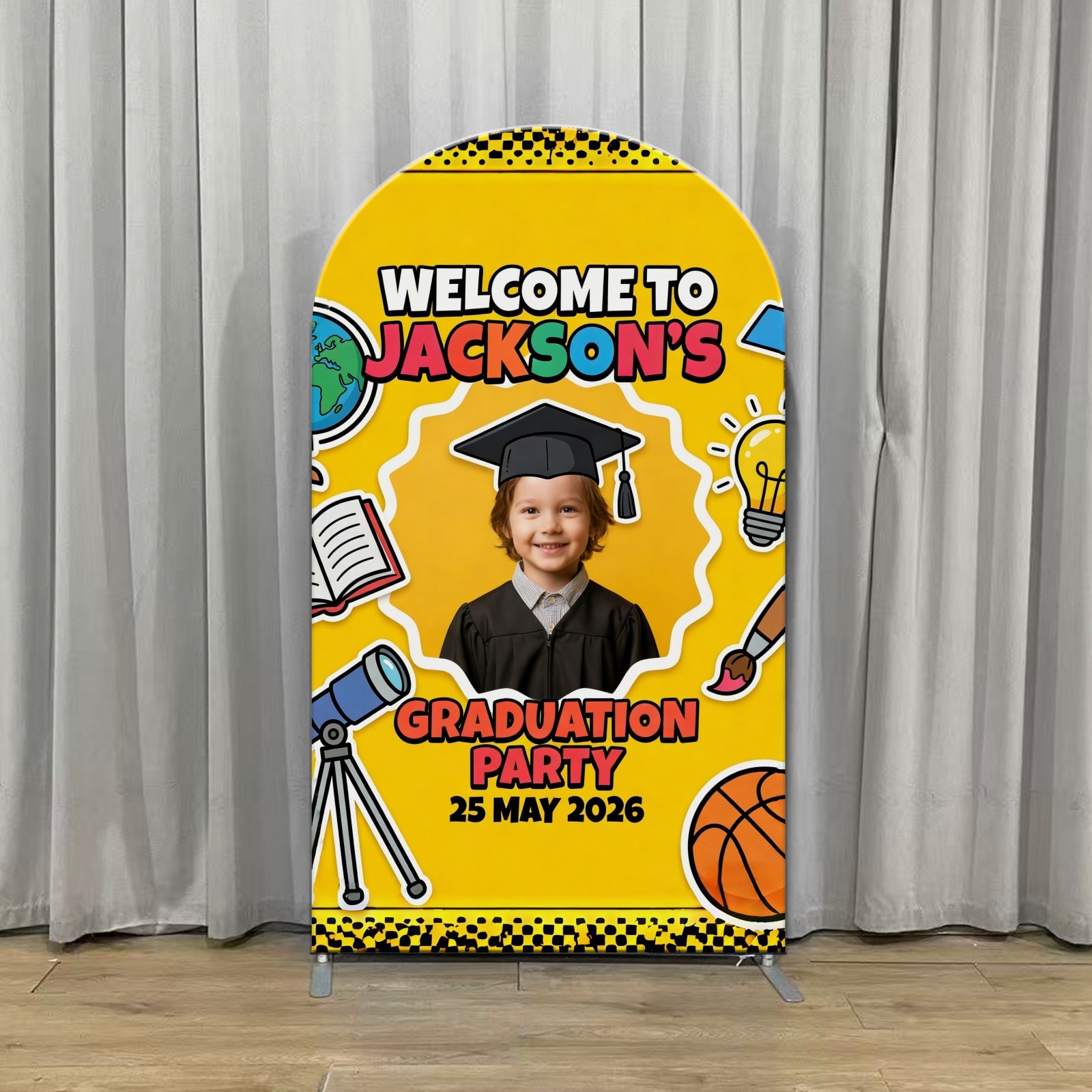 Preschool Graduation Backdrop Yellow Cartoon Kindergarten Arch Backdrop Graduation CSH63-113