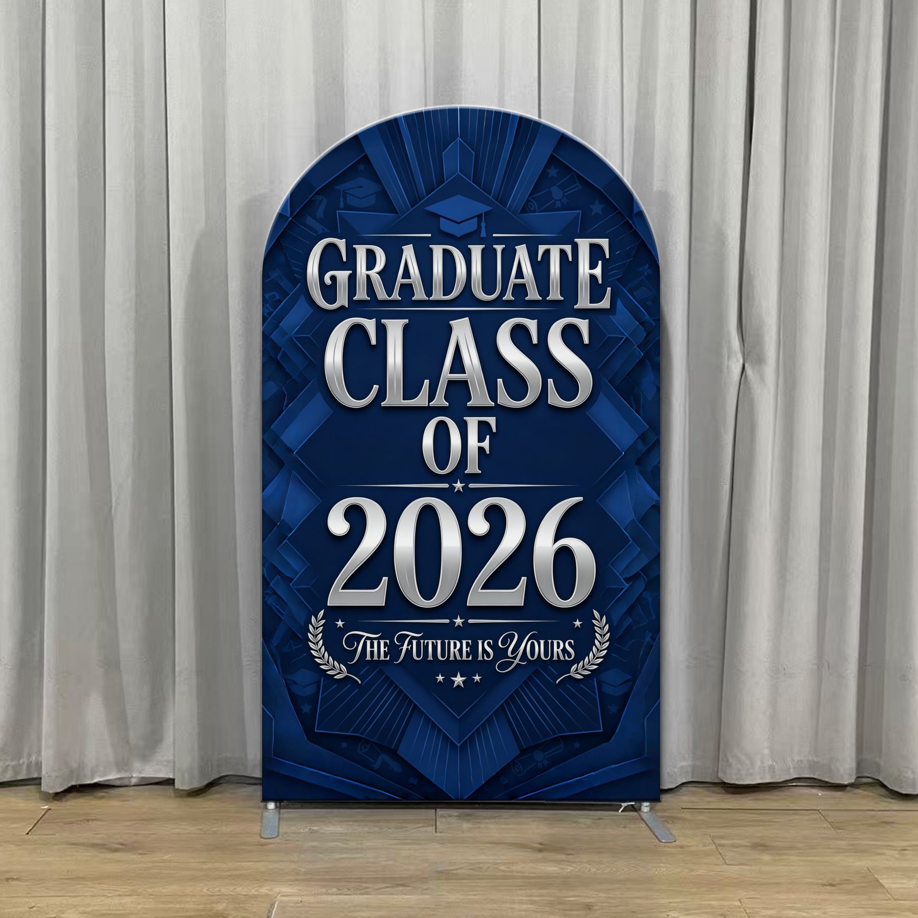 Navy Blue Graduation Backdrop Navy Silver Geometric 2026 Arch Graduation Picture Backdrop CSH63-115