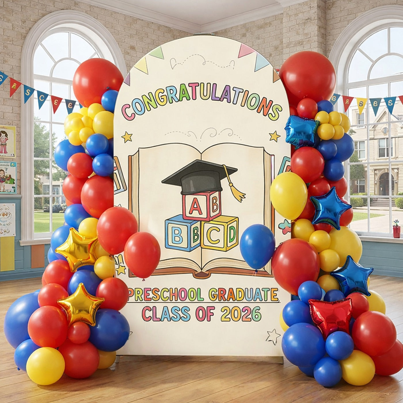 Preschool Graduation Backdrop Ideas Book Graduation Cap Arch Class of 2026 Backdrop CSH63-118