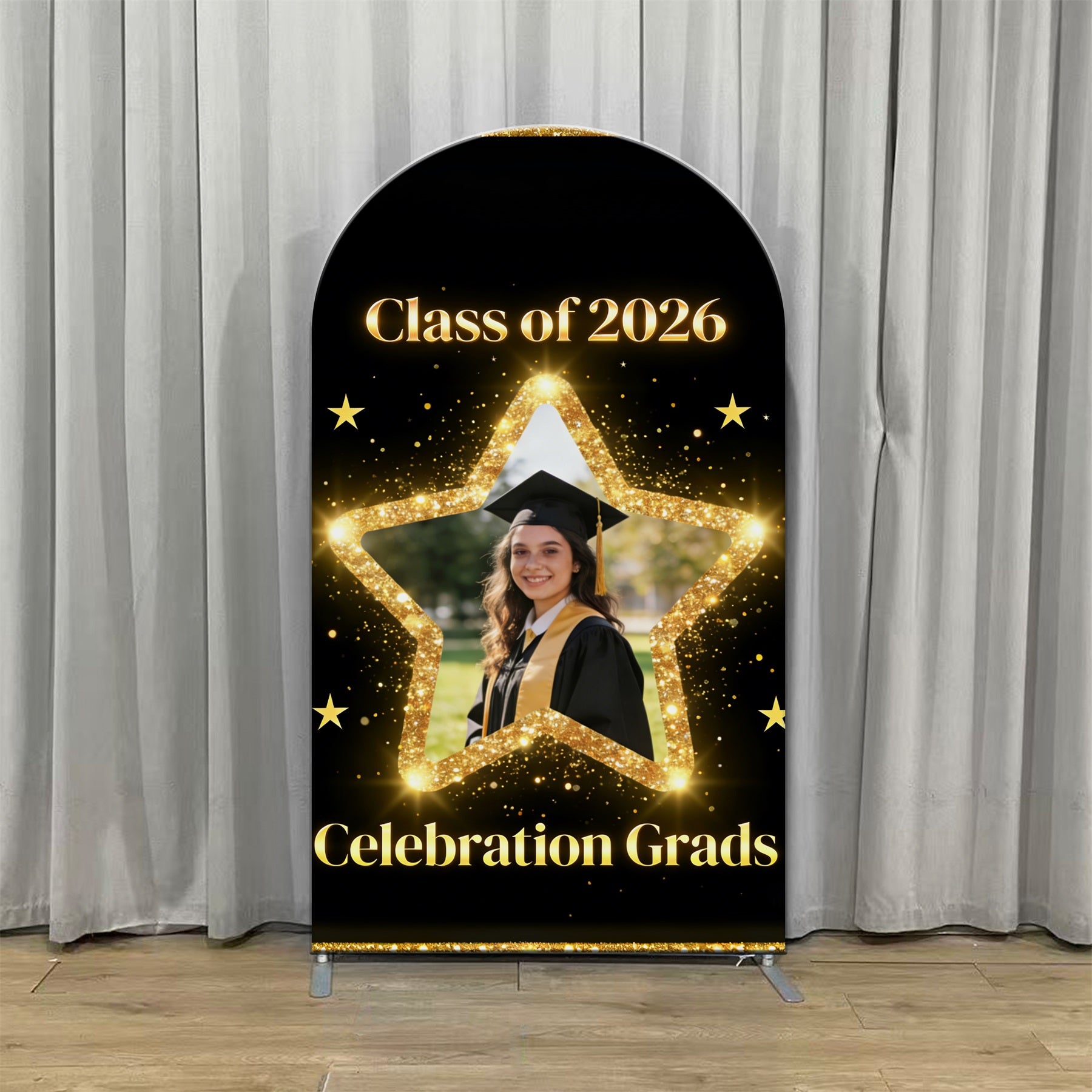 Luxury Graduation Black And Gold Backdrop Black Gold Star Arch Backdrops For Graduation Photos CSH63-127