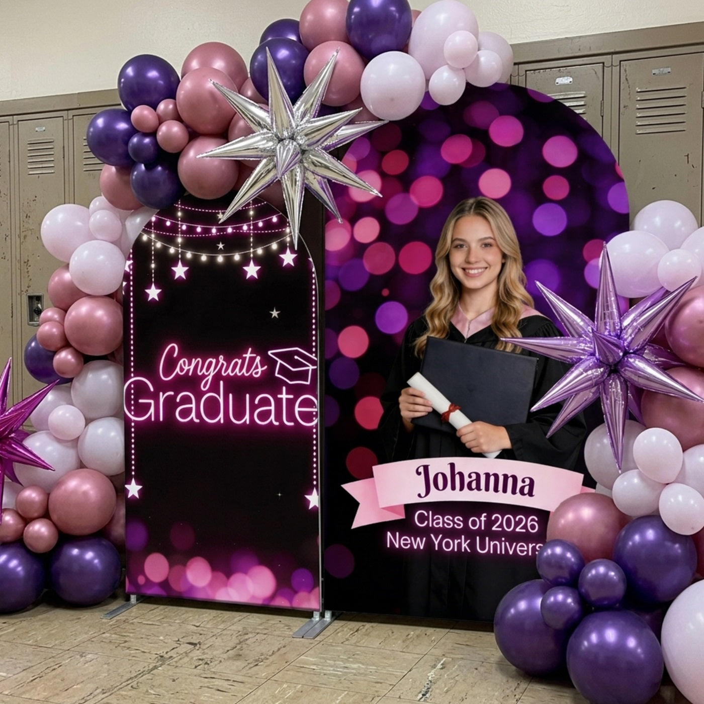 Graduation Party Neon Backdrop Pink Purple Neon Photo Arch Backdrop Graduation Ideas CSH63-129