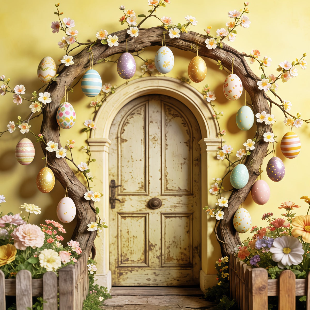 Easter Rustic Backdrop Egg Blossom Wooden Door Arch Easter Backdrops For Pictures CSH63-13