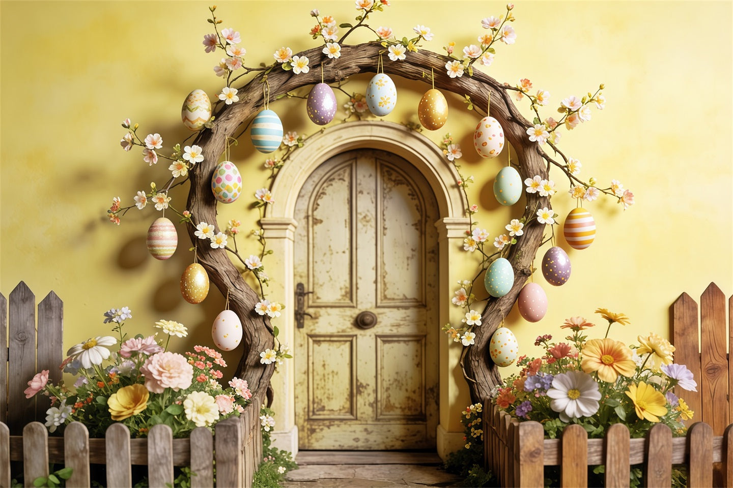 Easter Rustic Backdrop Egg Blossom Wooden Door Arch Easter Backdrops For Pictures CSH63-13
