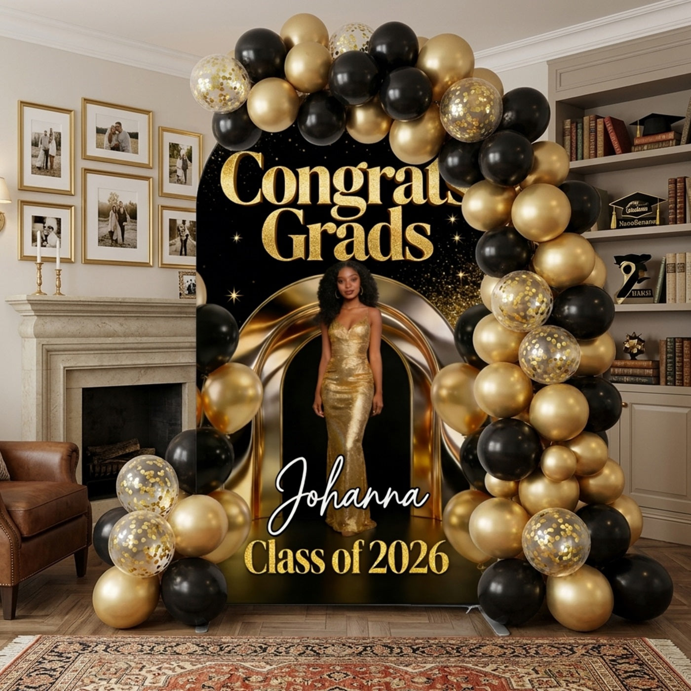 Balloon Arch Graduation Backdrop Black Gold Personalized Photo Arch Graduation Party Backdrops CSH63-132
