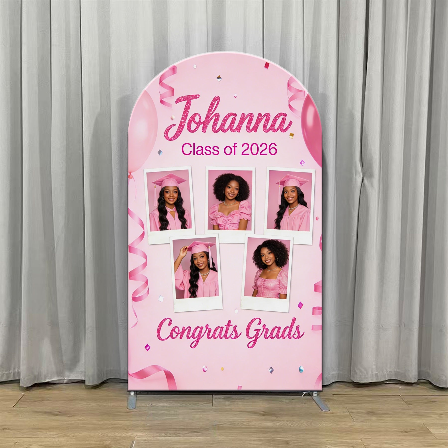 Polaroid Collage Graduation Backdrop Pink Balloon Ribbon Arch School Graduation Backdrop Ideas CSH63-134